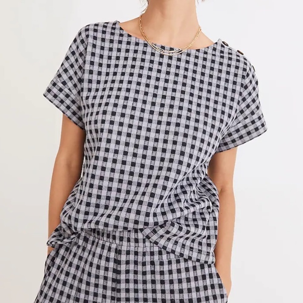 NWT Madewell Gingham Knit Seersucker Button Shoulder Top XS